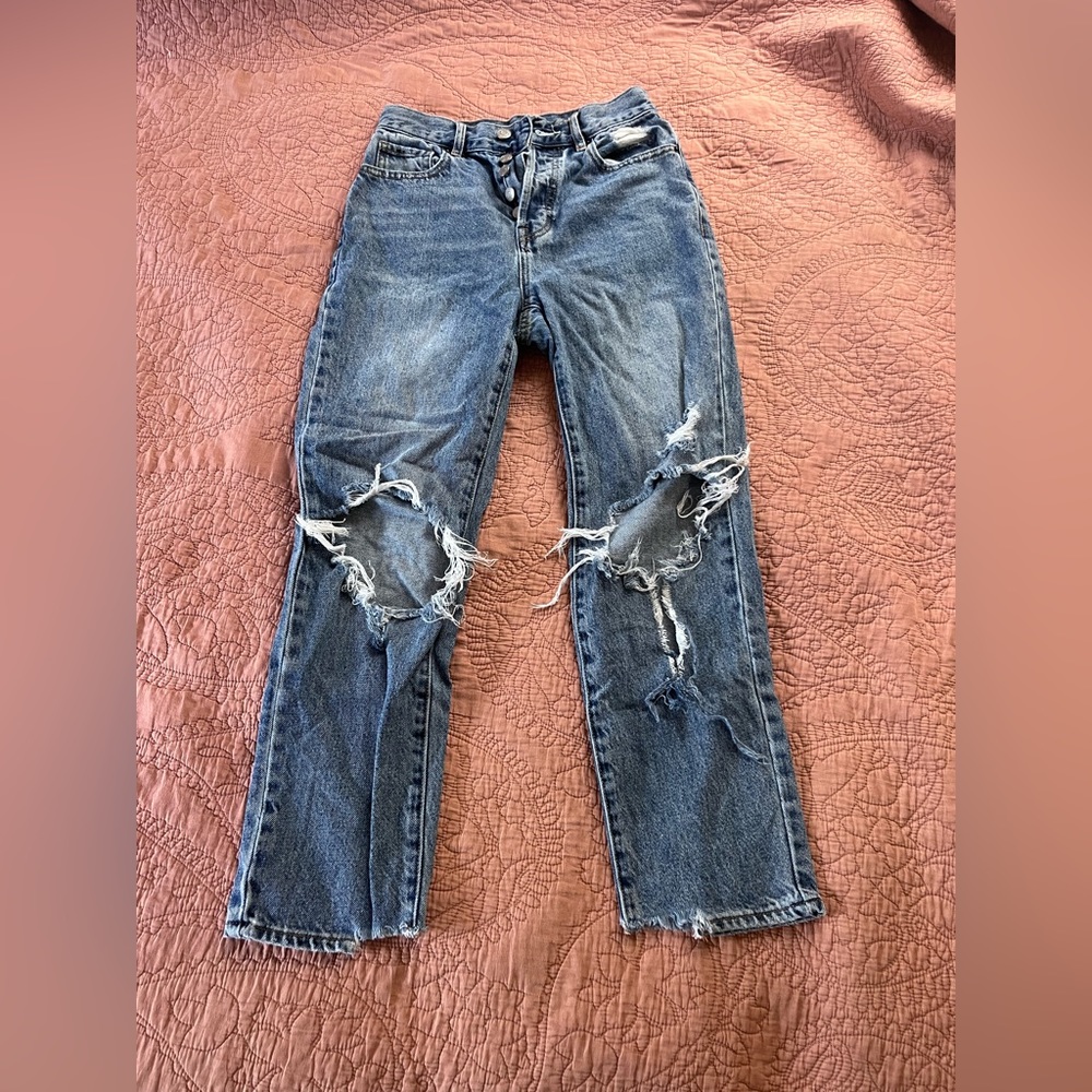 PacSun Blue Distressed High Waisted Straight Leg Jeans